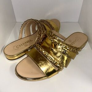 CHANEL Gold Chain Embellished Sandals